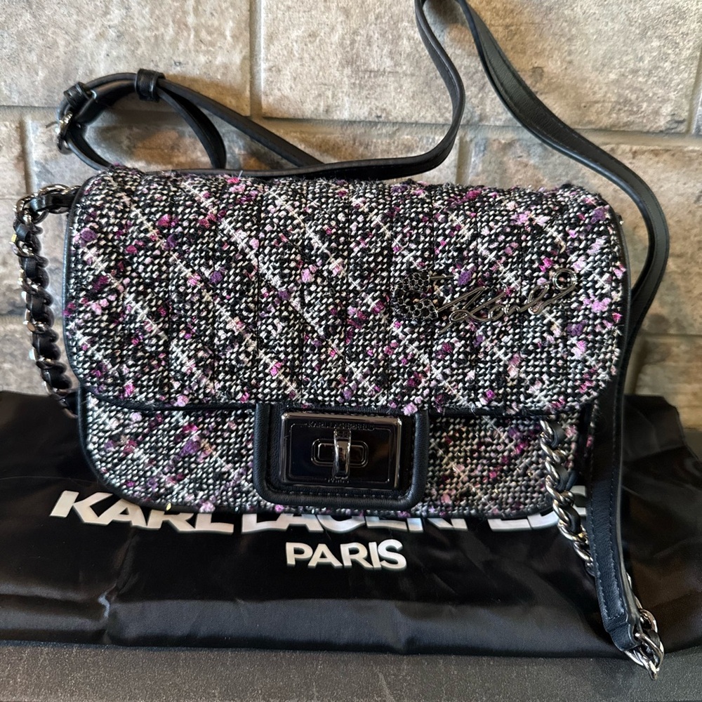 Karl Lagerfeld Tweed Crossbody Bag in Black, Purple & Pink